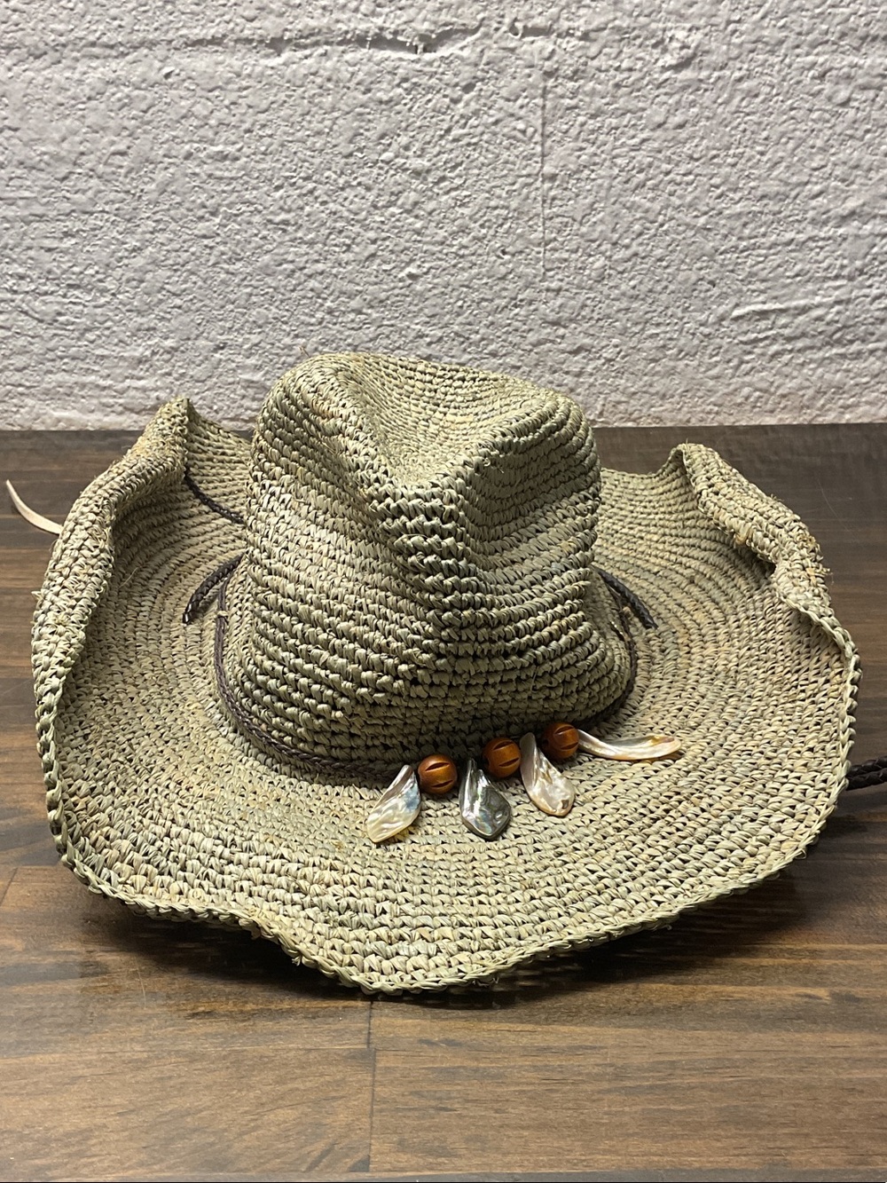 Natural Straw Western Sun Hat with Bead & Shell Trim